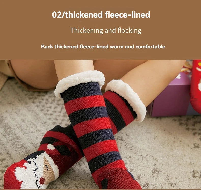 Ciepłe Świąteczne Skarpety Damskie – Grube Polarowe Antypoślizgowe Skarpety Domowe