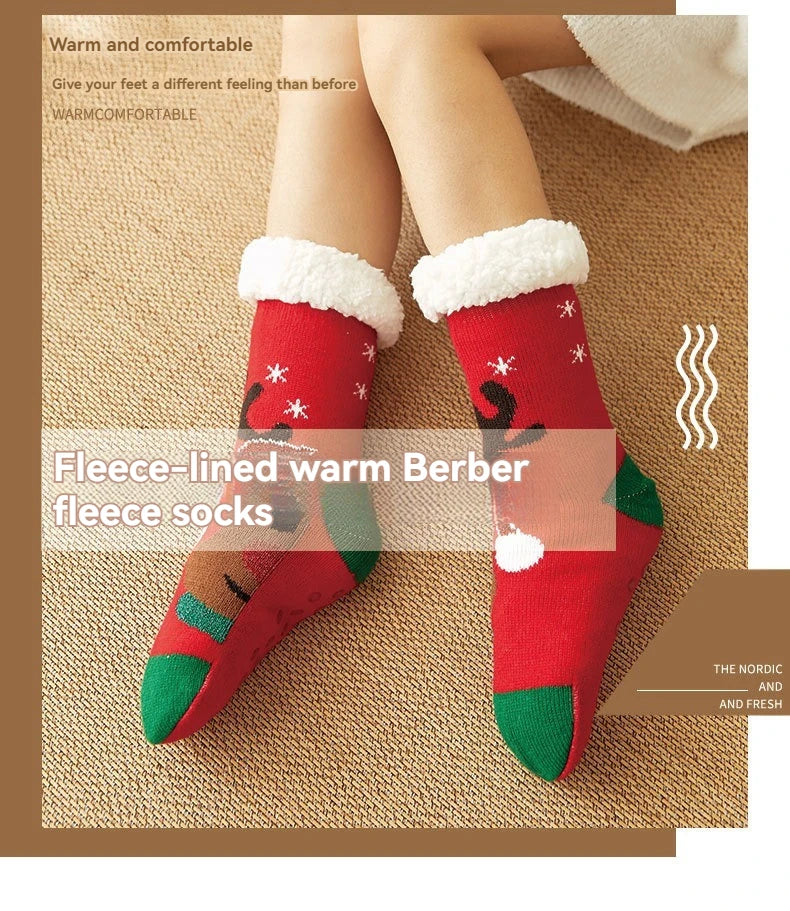 Ciepłe Świąteczne Skarpety Damskie – Grube Polarowe Antypoślizgowe Skarpety Domowe