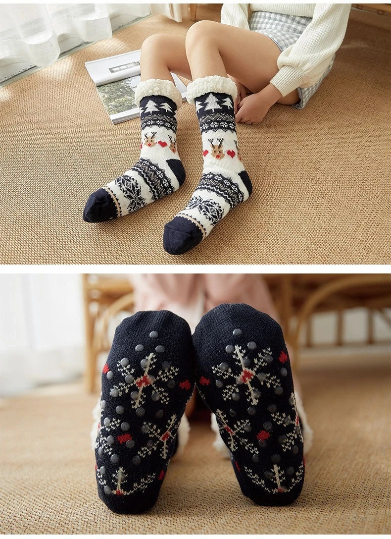 Ciepłe Świąteczne Skarpety Damskie – Grube Polarowe Antypoślizgowe Skarpety Domowe