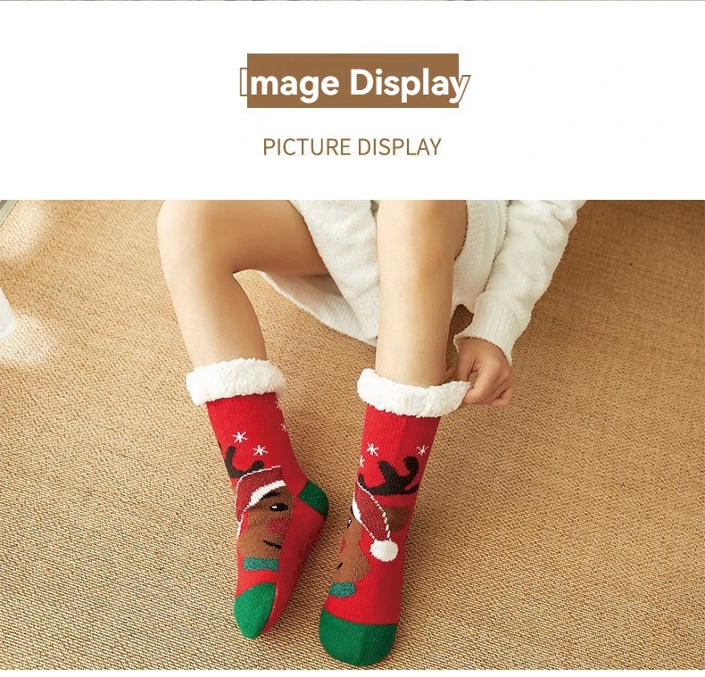 Ciepłe Świąteczne Skarpety Damskie – Grube Polarowe Antypoślizgowe Skarpety Domowe