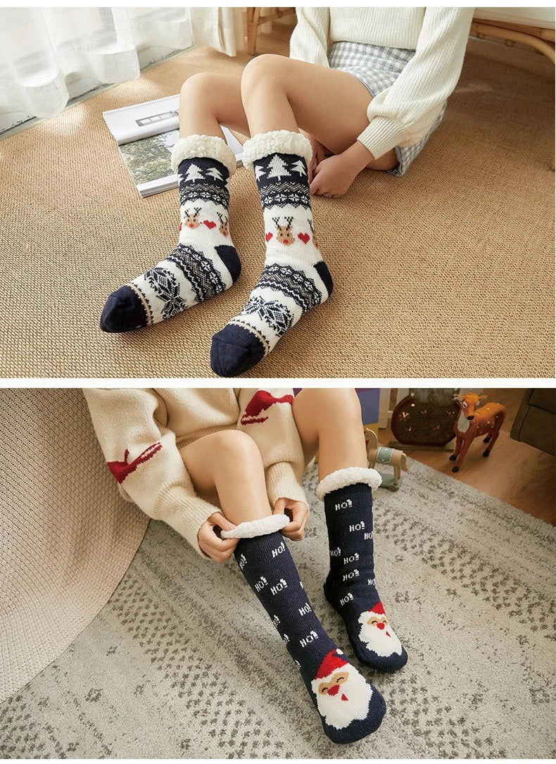 Ciepłe Świąteczne Skarpety Damskie – Grube Polarowe Antypoślizgowe Skarpety Domowe